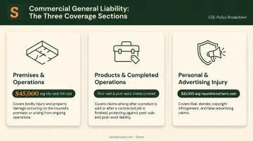 Three core commercial general liability CGL policy coverage sections explained infographic