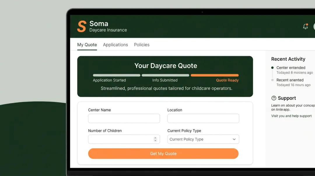 Soma specialty insurance broker daycare program quote application interface