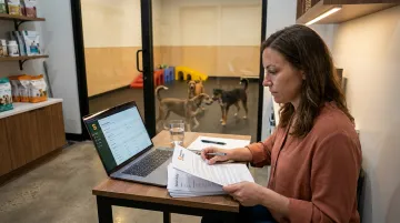 Dog daycare business owner reviewing insurance policy documents at office desk