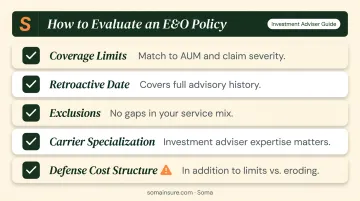 Five-variable E&O policy evaluation checklist for financial advisors choosing coverage
