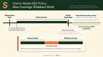 Claims-made E&O policy timeline showing retroactive date and reporting window gaps