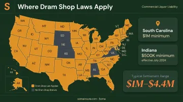 Dram shop liability coverage map showing 43 US states with liquor laws