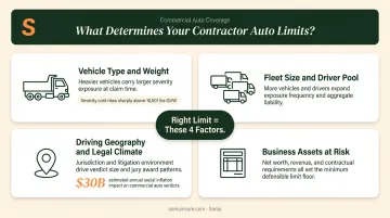 Four key factors determining contractor commercial auto insurance limit requirements infographic