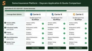 Daycare insurance coverage application platform showing bundled carrier quotes and policy options
