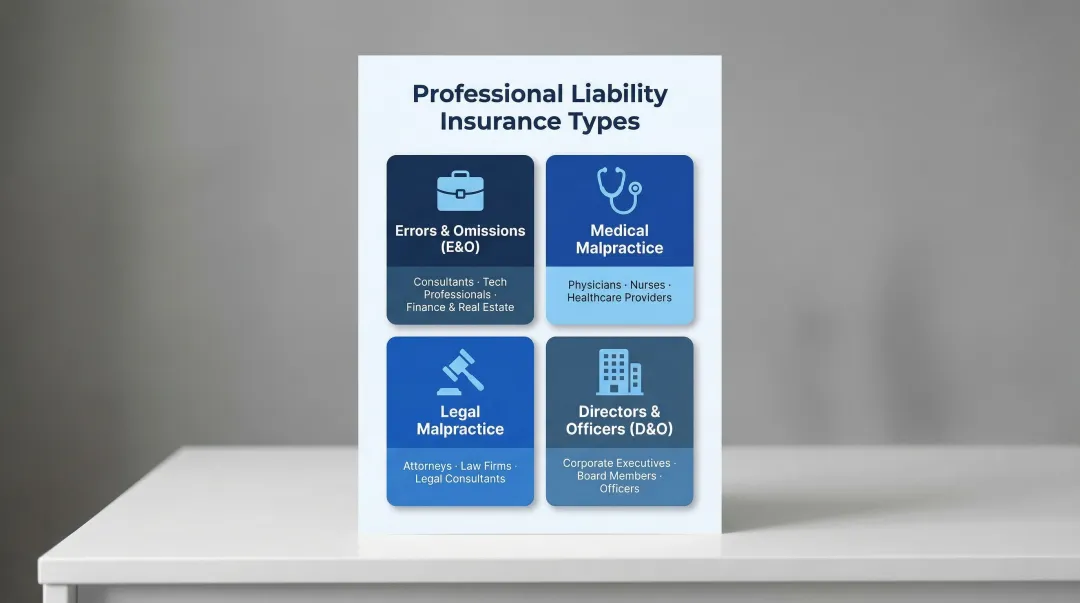 Four types of professional liability insurance by industry with icons