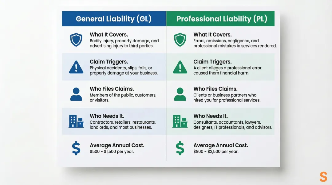 General liability versus professional liability insurance side-by-side comparison chart