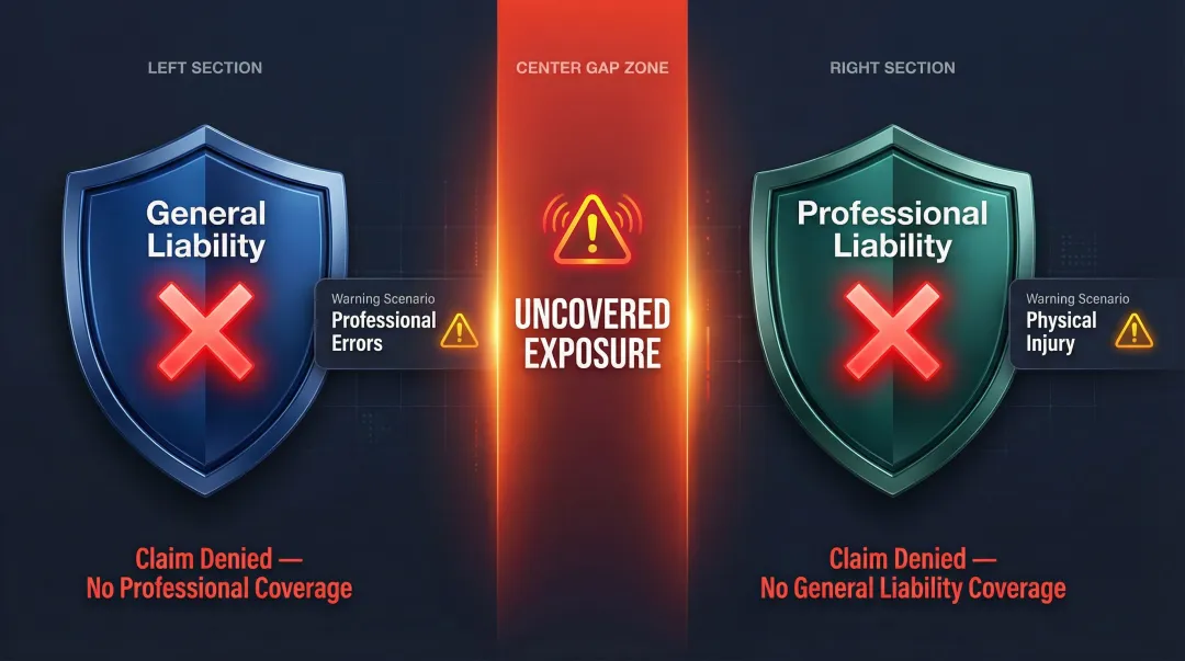 Coverage gap diagram showing GL and PL policy blind spots for service businesses