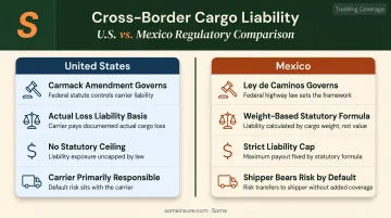 U.S. versus Mexico cargo insurance legal framework side-by-side comparison infographic
