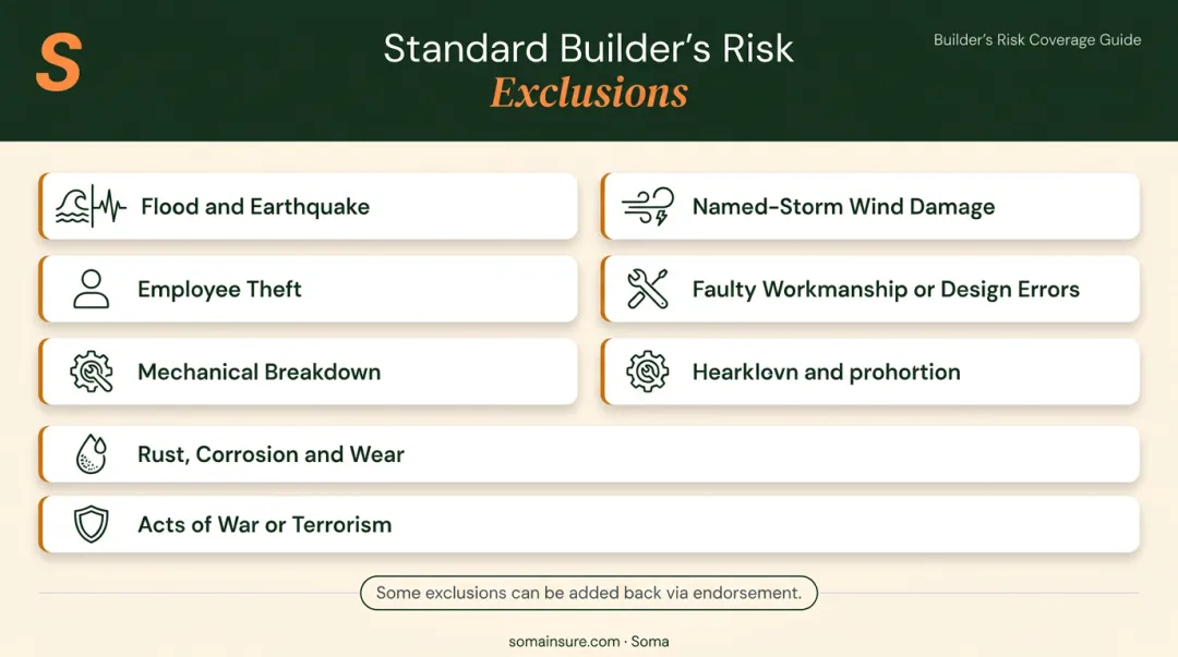 Builder's risk insurance standard exclusions list with icons and key exceptions