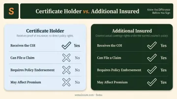 Certificate holder versus additional insured side-by-side rights and coverage comparison infographic