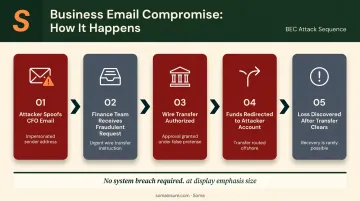 Business email compromise attack flow from spoofed email to wire transfer fraud