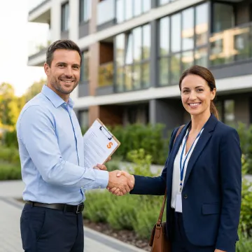 Property manager shaking hands with an insurance agent in front of a residential apartment building