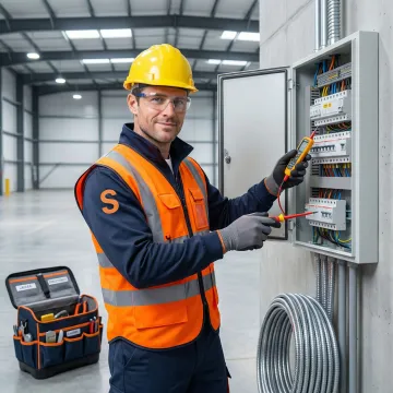 Electrician installing commercial wiring panel with safety equipment