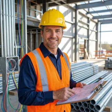 Licensed electrical contractor reviewing commercial insurance documents on a job site