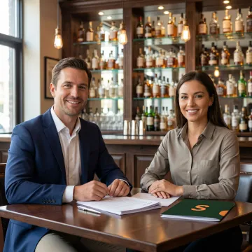 Insurance broker reviewing bar and tavern coverage documents with a bar owner