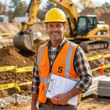 Contractor in hard hat reviewing pollution liability documentation at a construction site