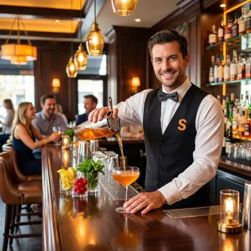 Bartender serving drinks at a busy bar covered by liquor liability insurance