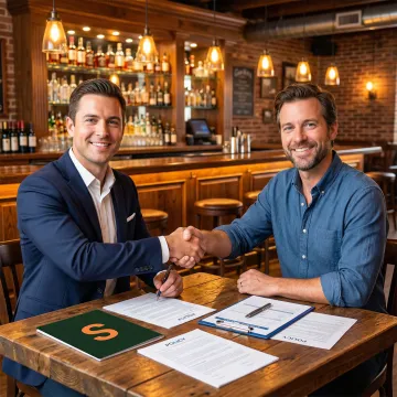 Insurance agent reviewing liquor liability policy documents with a bar owner