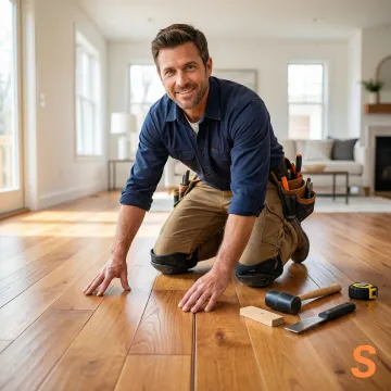 Flooring contractor installing hardwood floors on a job site