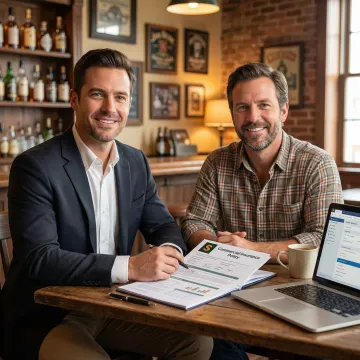 Insurance specialist reviewing a bar and tavern coverage policy with a North Carolina business owner