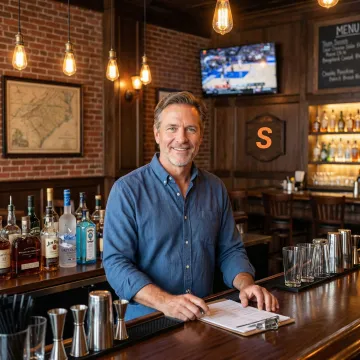 Bar owner reviewing insurance documents at a well-stocked tavern counter in North Carolina