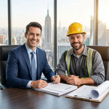 Insurance specialist reviewing construction coverage documents with a New York contractor