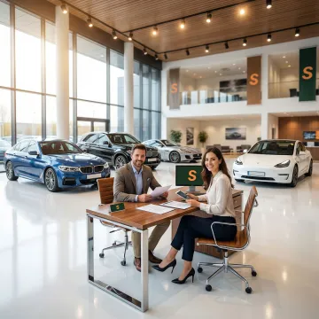 Auto dealership showroom with vehicles and staff discussing insurance coverage