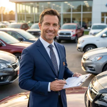 Insurance broker reviewing auto dealership coverage documents at a car lot