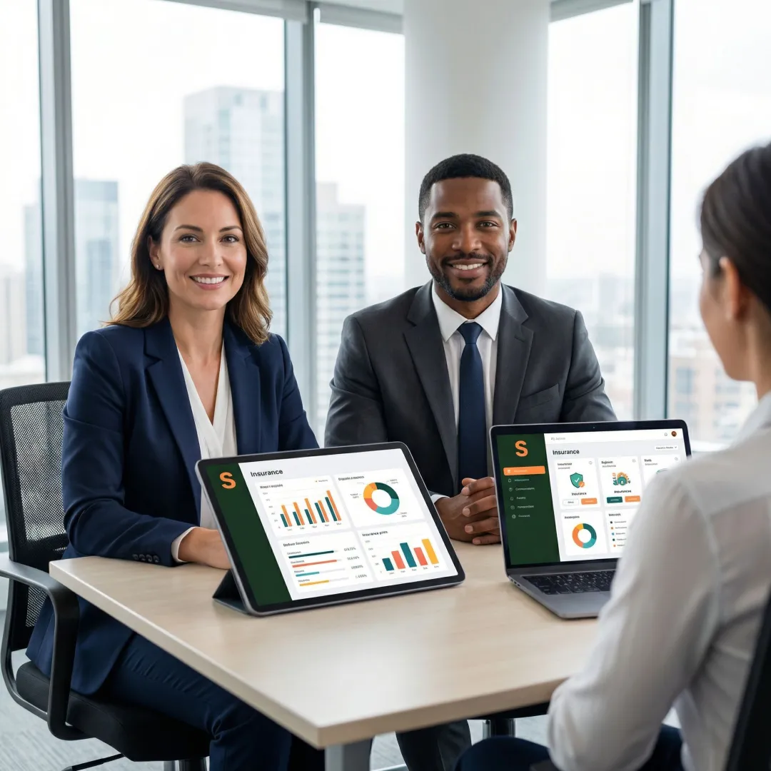 Insurance risk management team analyzing business coverage options on a digital platform