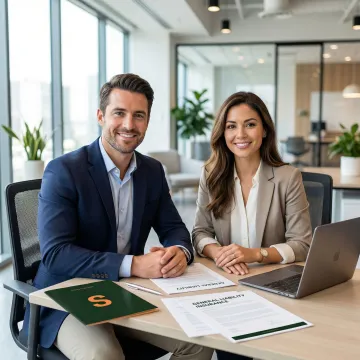 Business owner reviewing general liability insurance policy documents with an insurance advisor