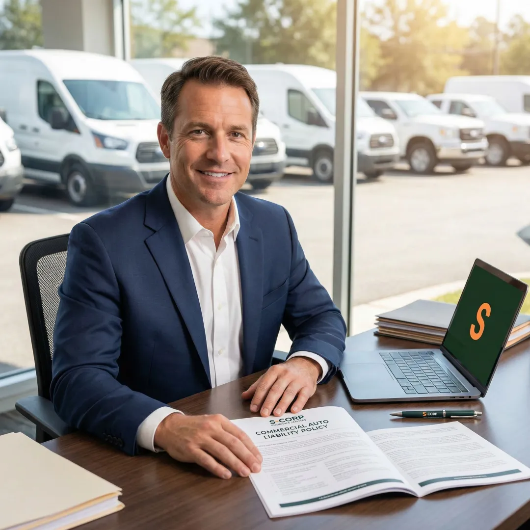 Insurance broker reviewing commercial auto liability policy for business vehicles