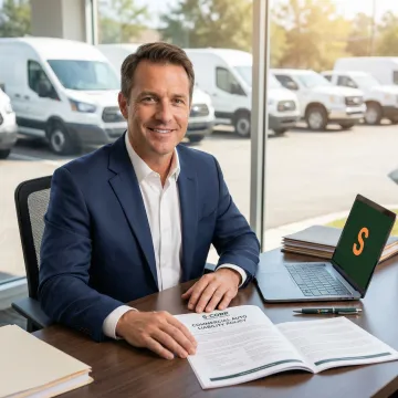 Insurance broker reviewing commercial auto liability policy for business vehicles