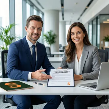 Insurance broker reviewing a professional liability policy document with a business client