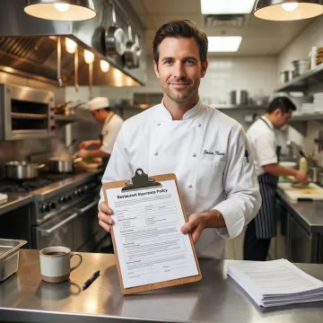Restaurant owner reviewing insurance documents in a commercial kitchen setting