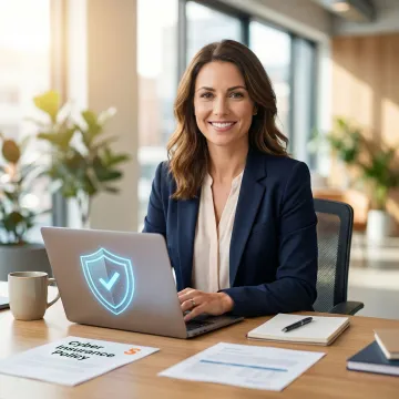 Small business owner reviewing cyber insurance policy on a laptop