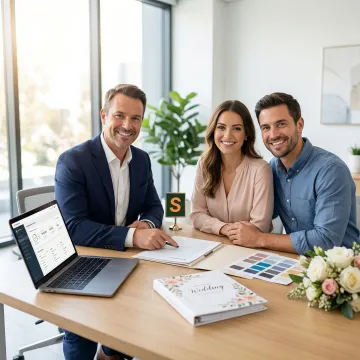 Insurance professional reviewing wedding event coverage documents with a couple