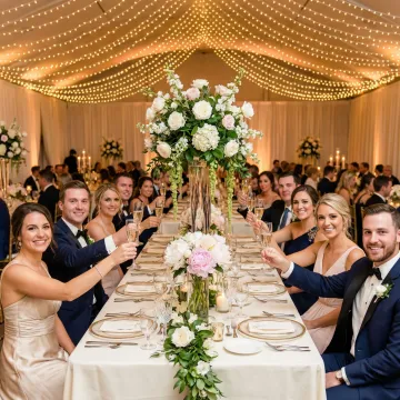 Wedding reception with guests toasting champagne at a decorated venue
