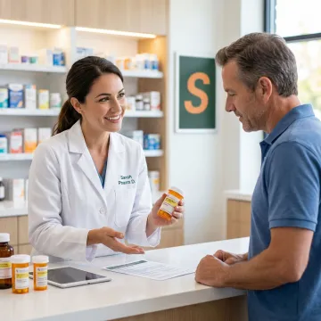 Pharmacist consulting with a patient about medication