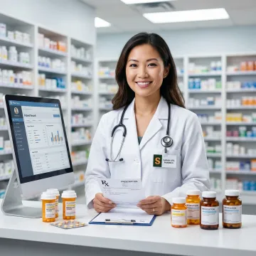 Pharmacist reviewing prescription at a pharmacy counter