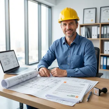Professional engineer reviewing blueprints with insurance documents on desk