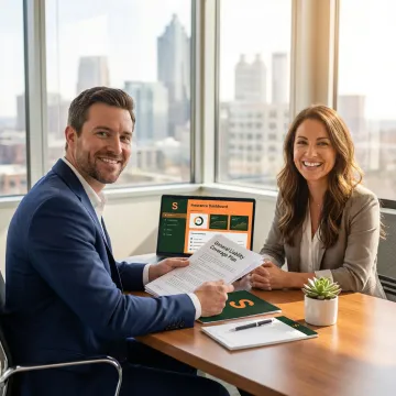 Insurance professional presenting a general liability coverage plan to a Georgia small business owner