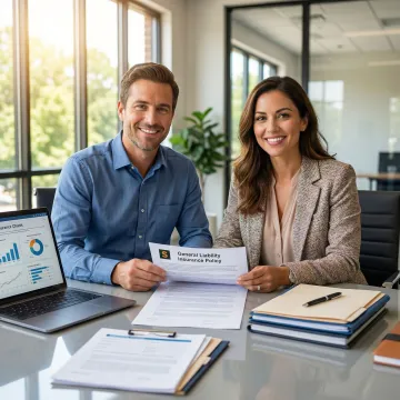 Georgia business owner reviewing general liability insurance policy documents with an insurance broker