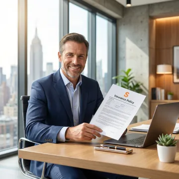 Business owner reviewing general liability insurance policy in a New York office