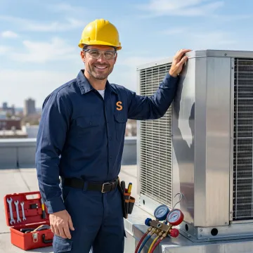 HVAC technician working on a rooftop unit with insurance protection concept overlay