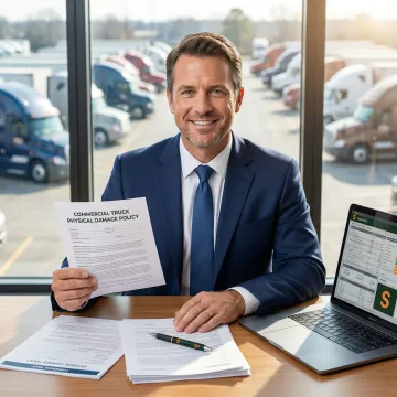 Insurance broker reviewing a physical damage policy for a commercial truck fleet