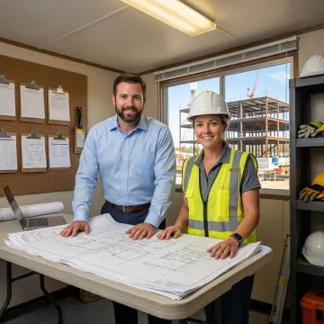Insurance specialist reviewing construction blueprints with a contractor, illustrating tailored builders risk coverage.