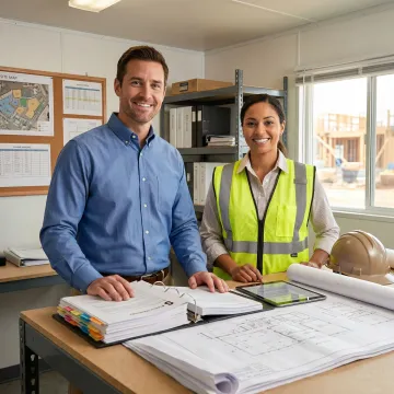 Construction insurance specialist reviewing policy documents with a contractor at a project office