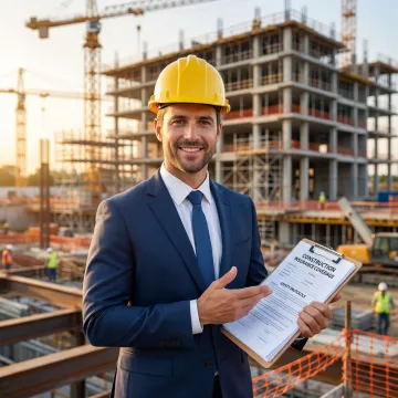 Construction insurance broker reviewing property and casualty coverage documents at a job site