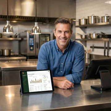 Restaurant owner reviewing cyber liability insurance coverage on a tablet at a modern commercial kitchen counter