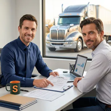 Insurance specialist reviewing trucking coverage documents for a new venture owner-operator